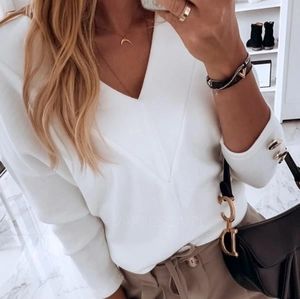 Luvrosy Long Sleeve Solid Color V Neck Casual Wear
